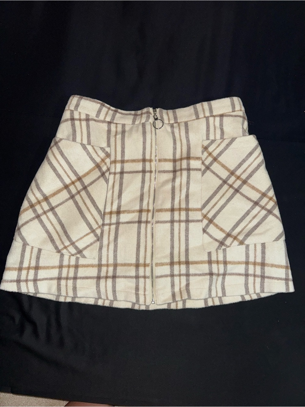 Fashion Nova Cream and Brown Plaid Front-Zip Mini Skirt